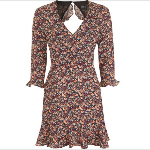 Topshop Floral Long Sleeve V Neck Ruffle Mini Dress - Picture 5 of 14
